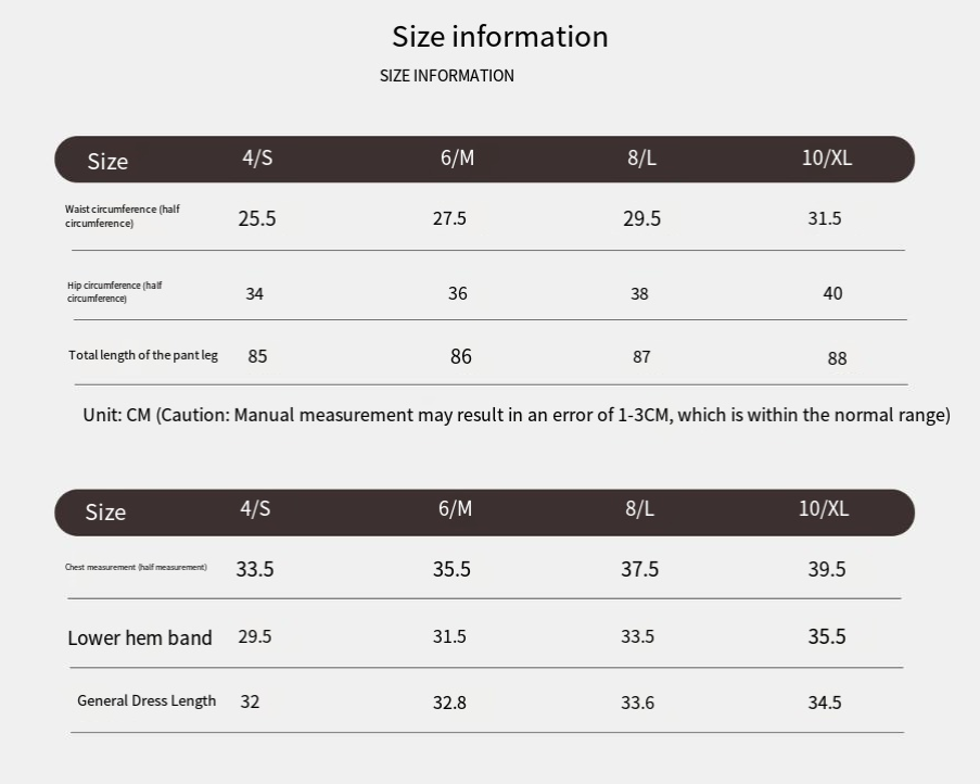 Backless Yoga Set - Size chart