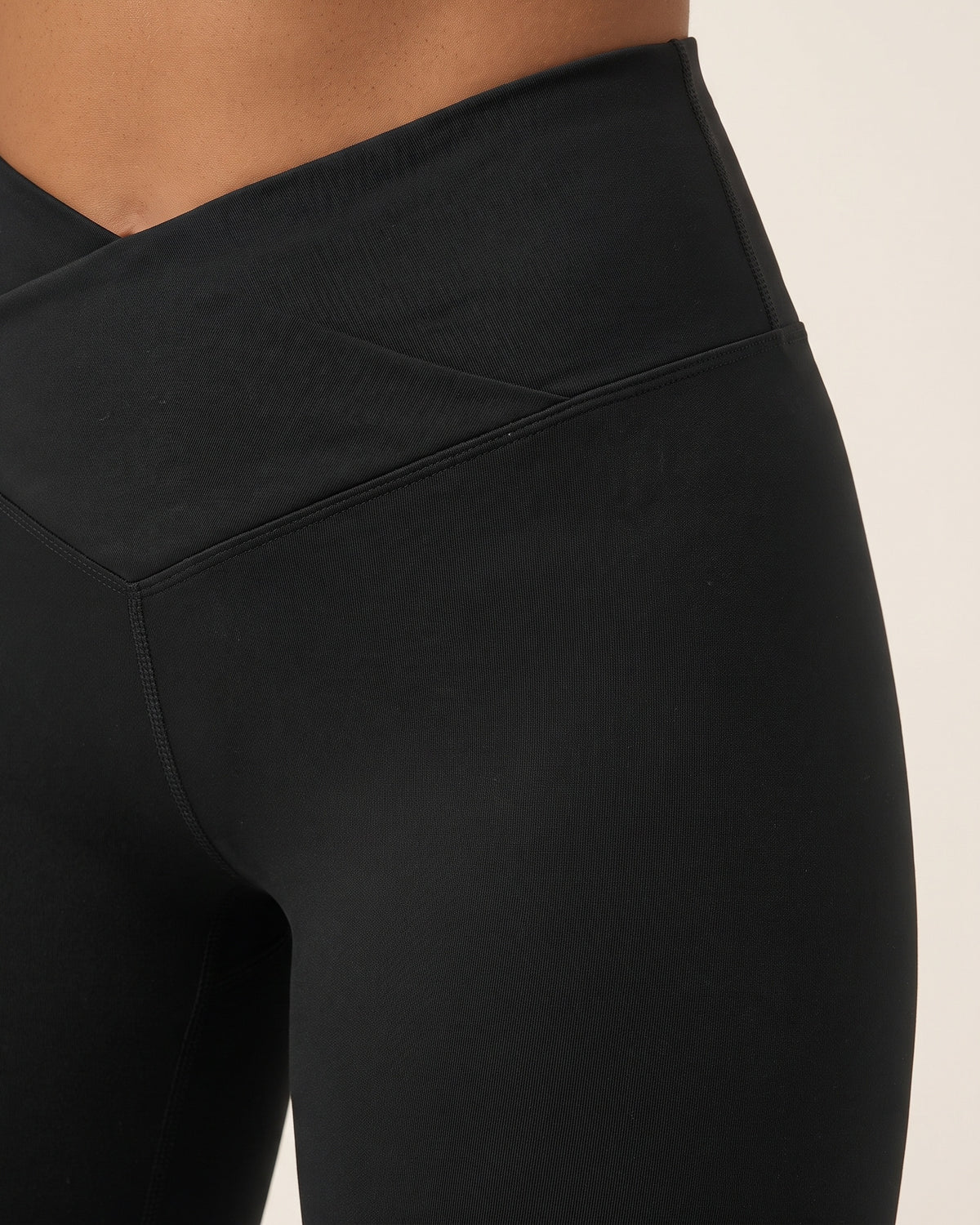Crossover Flare Leggings - Black - Hip Fabric Close-Up