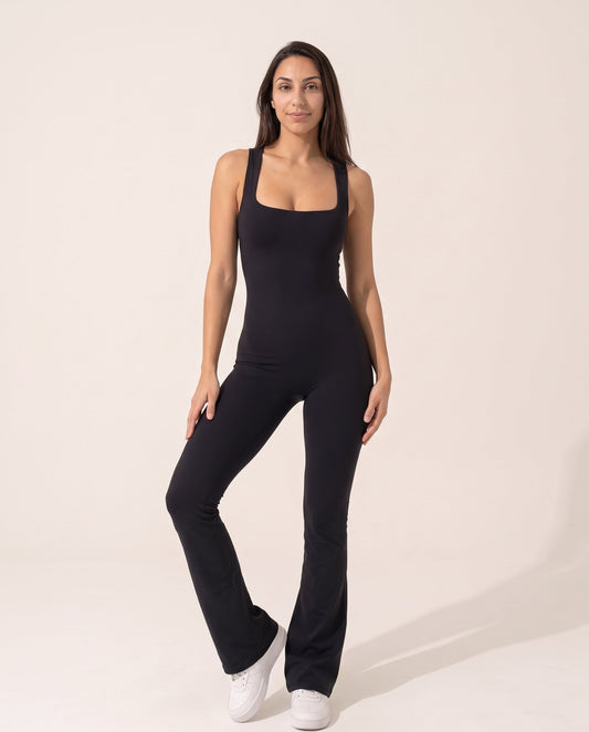 Backless Flare Jumpsuit - Black - Front