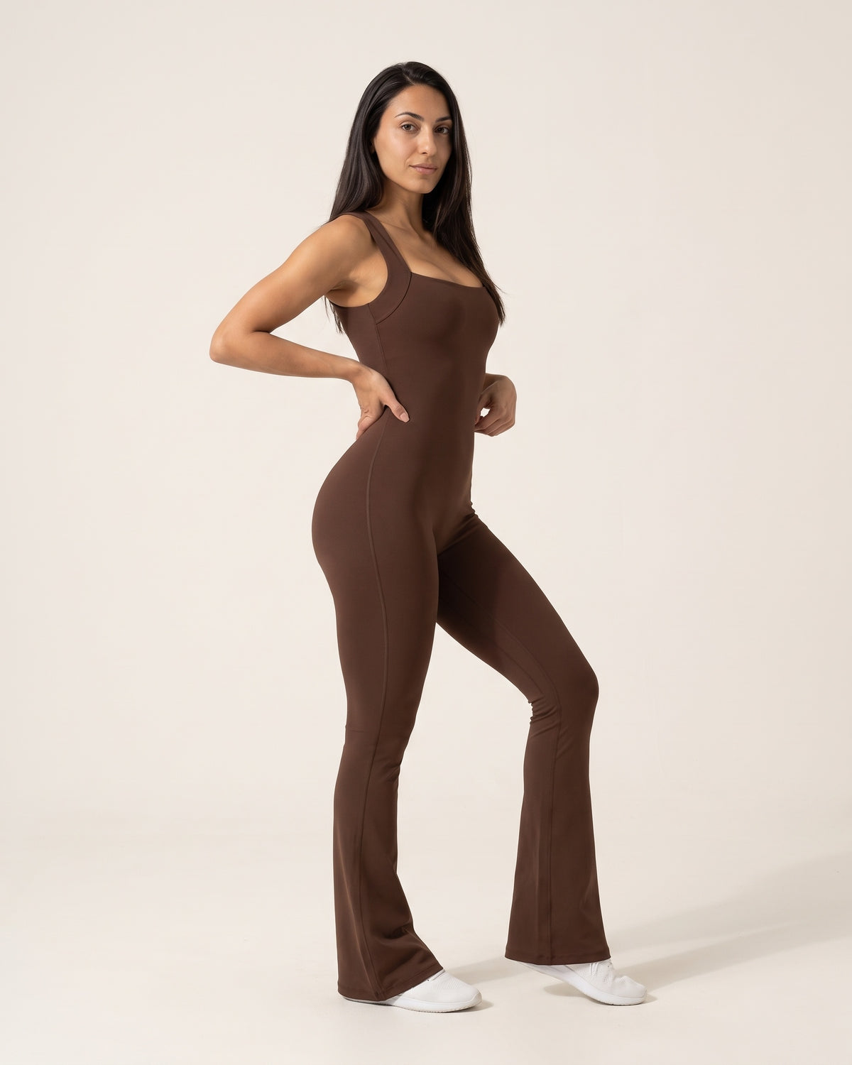 Backless Flare Jumpsuit - Brown - Three-Quarter Front