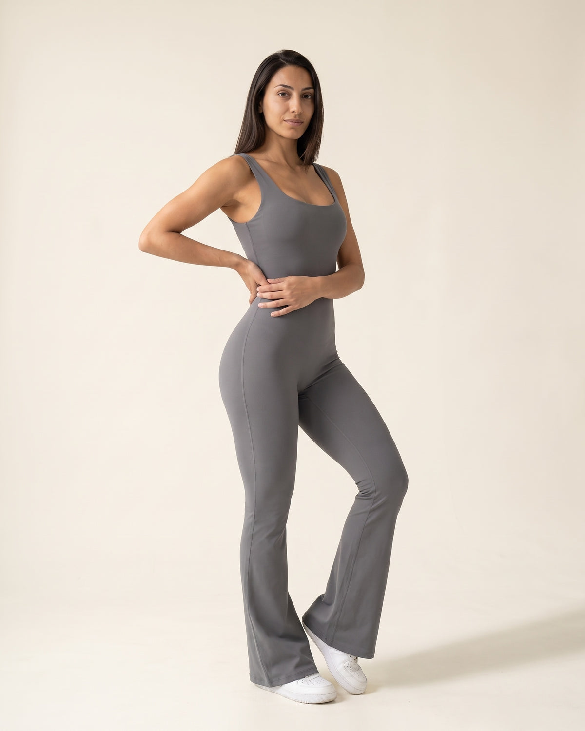 Backless Flare Jumpsuit - Gray - Three-Quarter Front