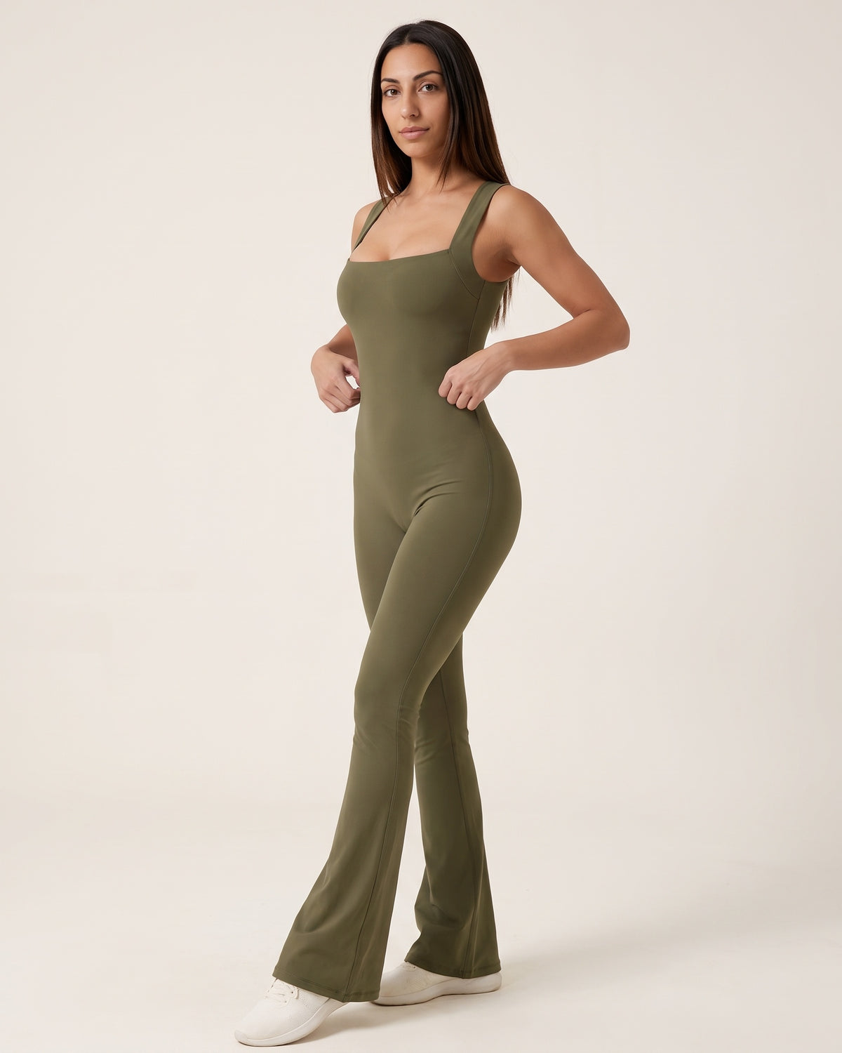 Backless Flare Jumpsuit - Green - Three-Quarter Front
