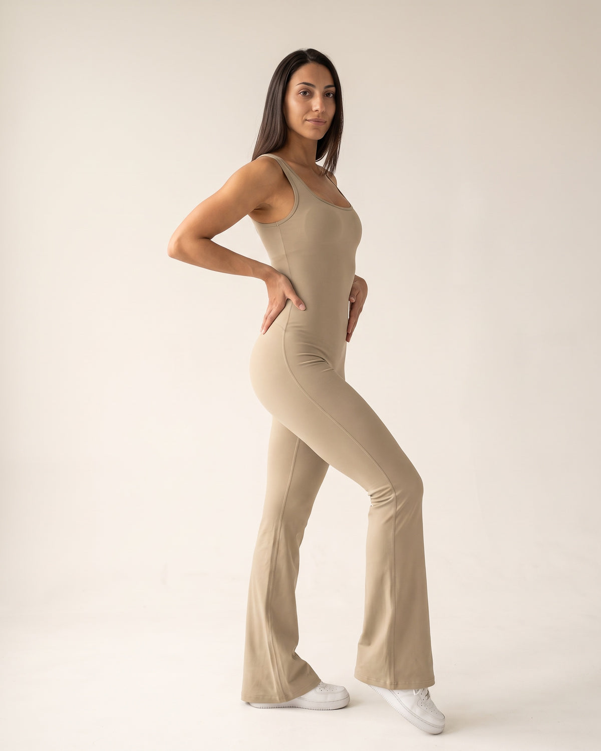Backless Flare Jumpsuit - Khaki - Three-Quarter Front