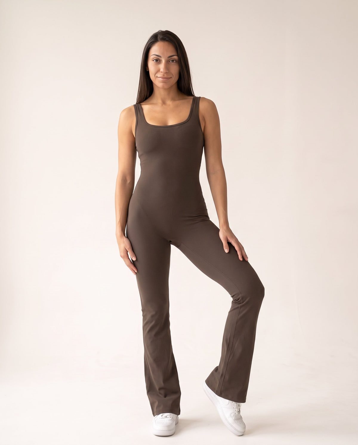 Backless Flare Jumpsuit - Coffee - Front