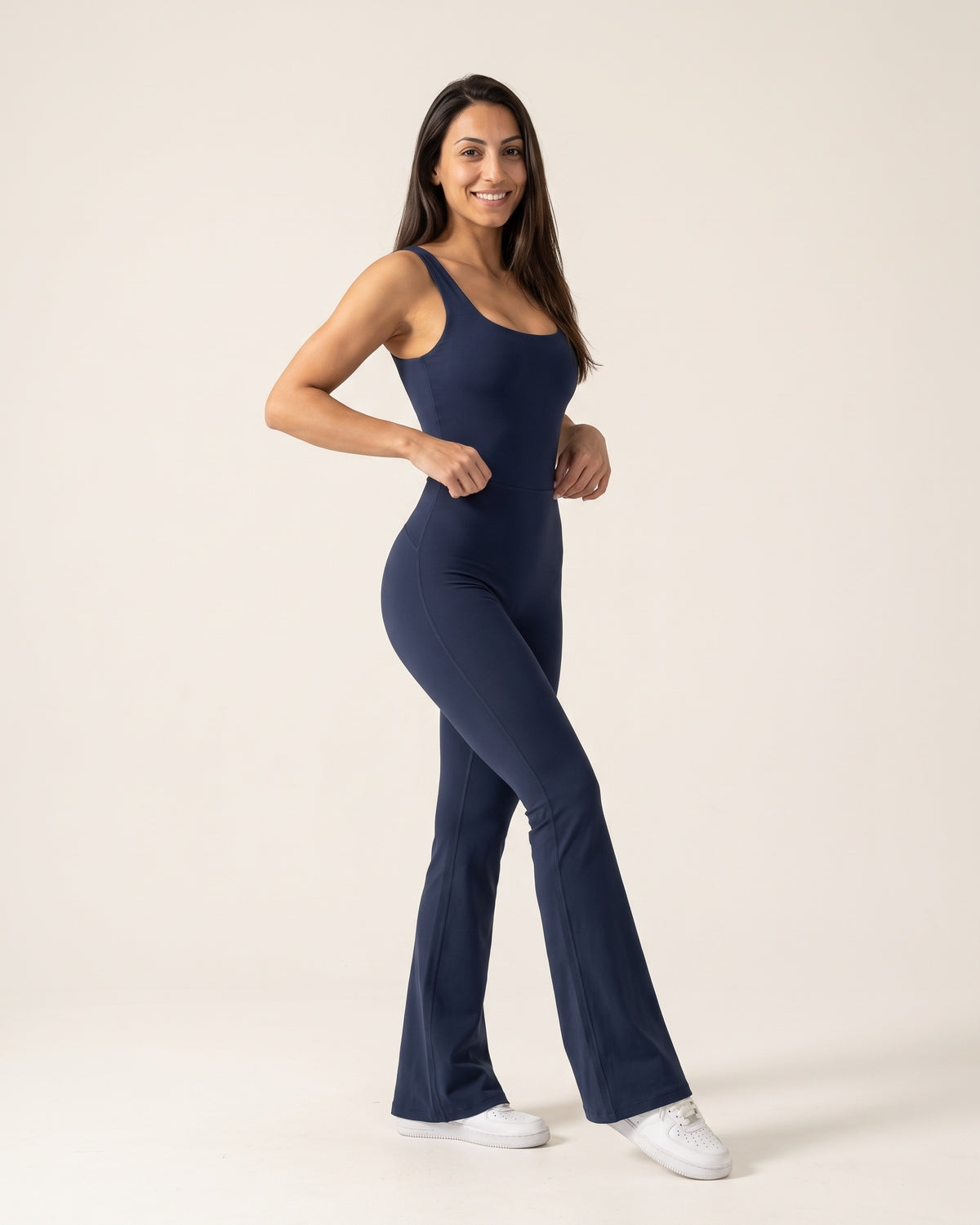 Backless Flare Jumpsuit - Navy - Three-Quarter Front