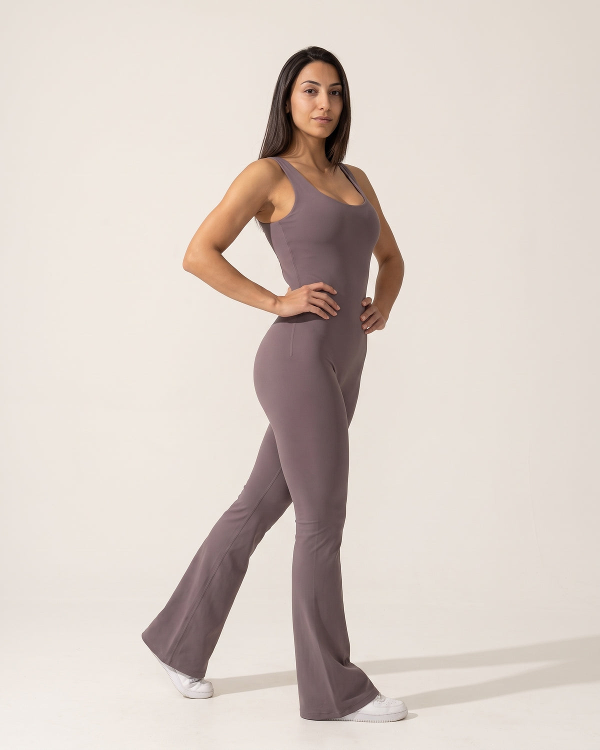 Backless Flare Jumpsuit - Purple - Three-Quarter Front