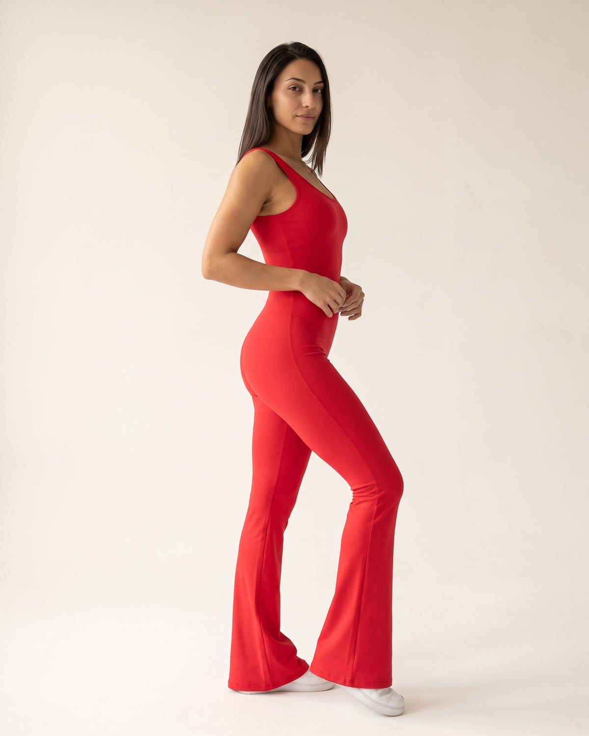 Backless Flare Jumpsuit - Red - Three-Quarter Front