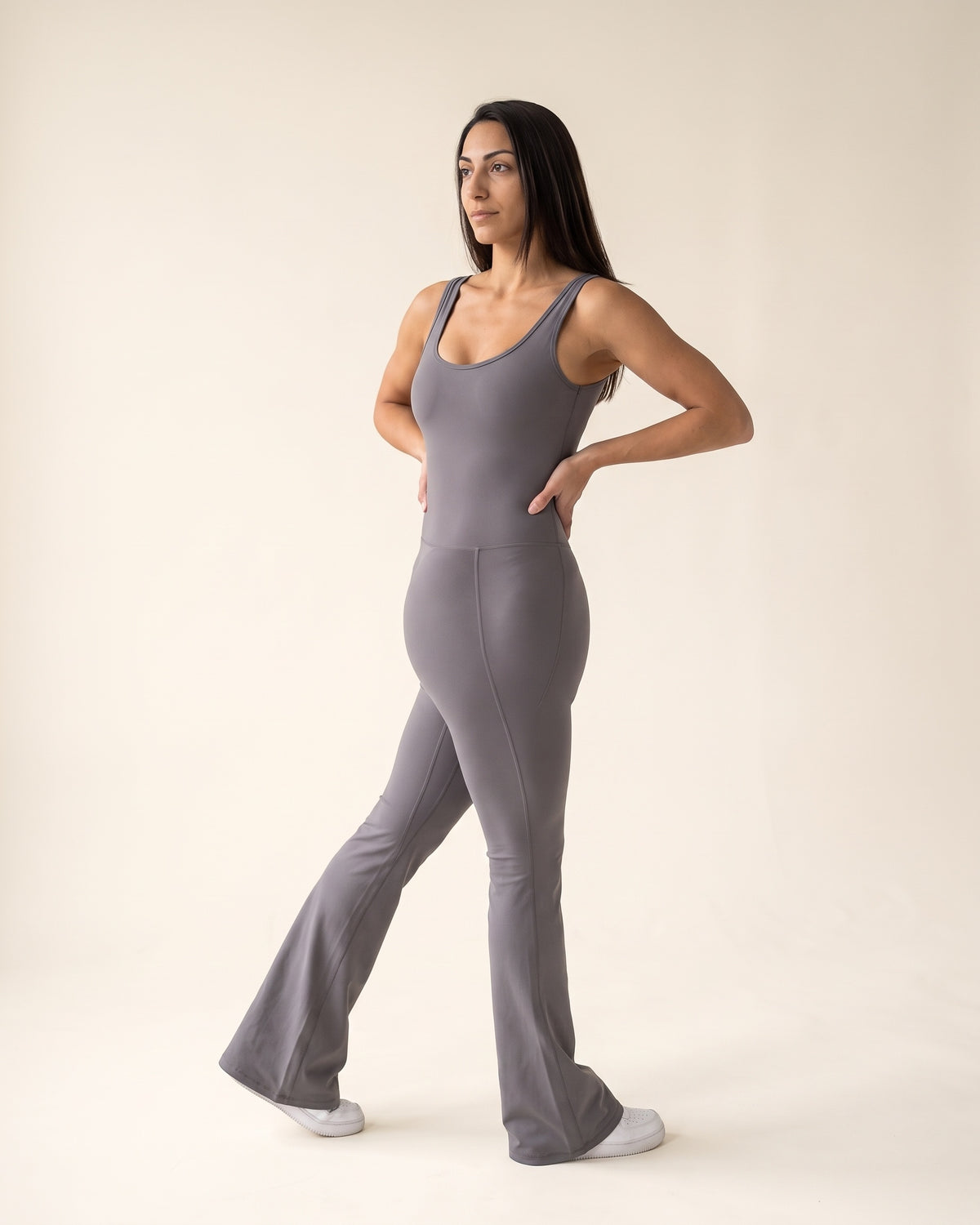 Backless Flare Jumpsuit - Silver - Three-Quarter Front