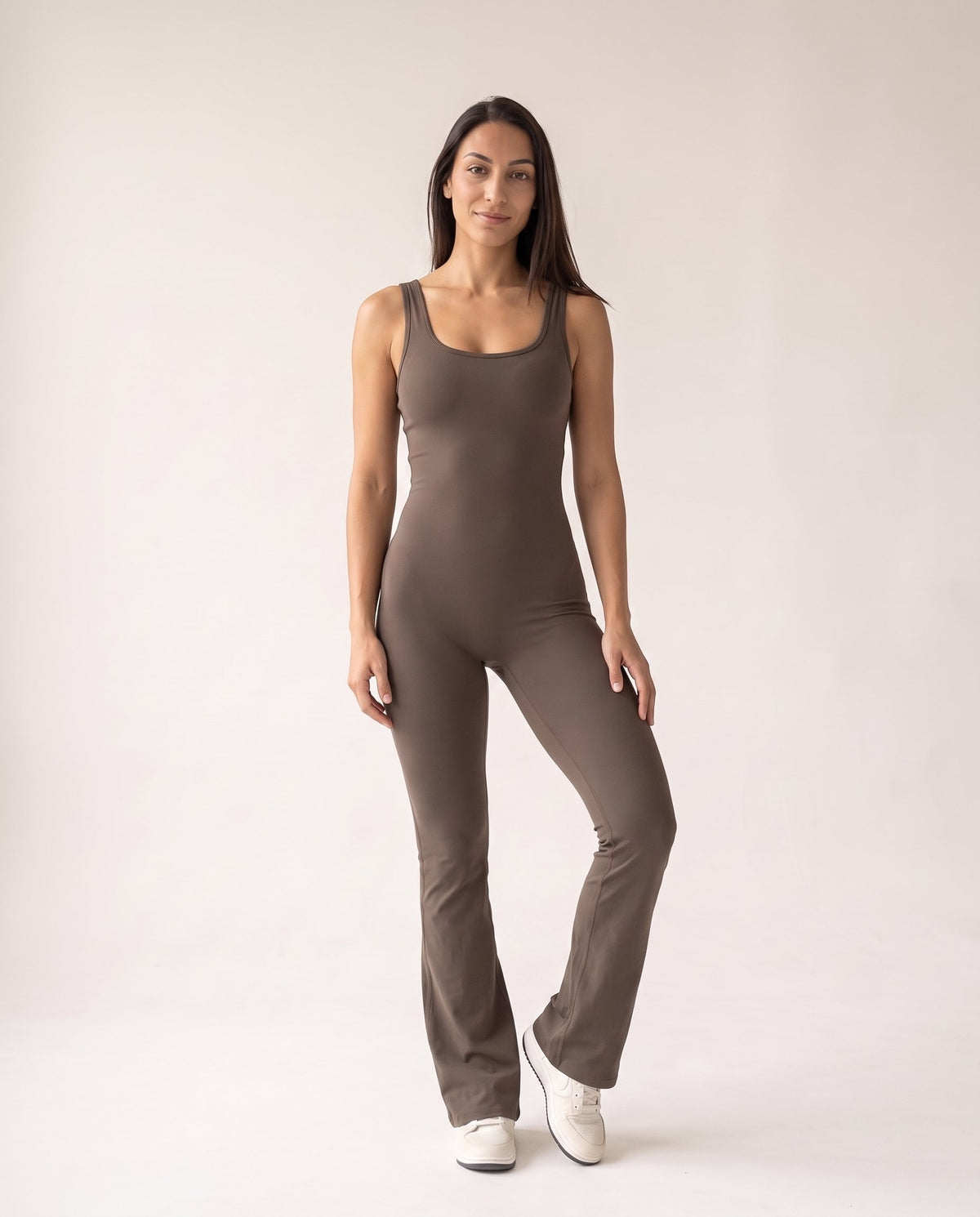 Backless Flare Jumpsuit - Tan - Front