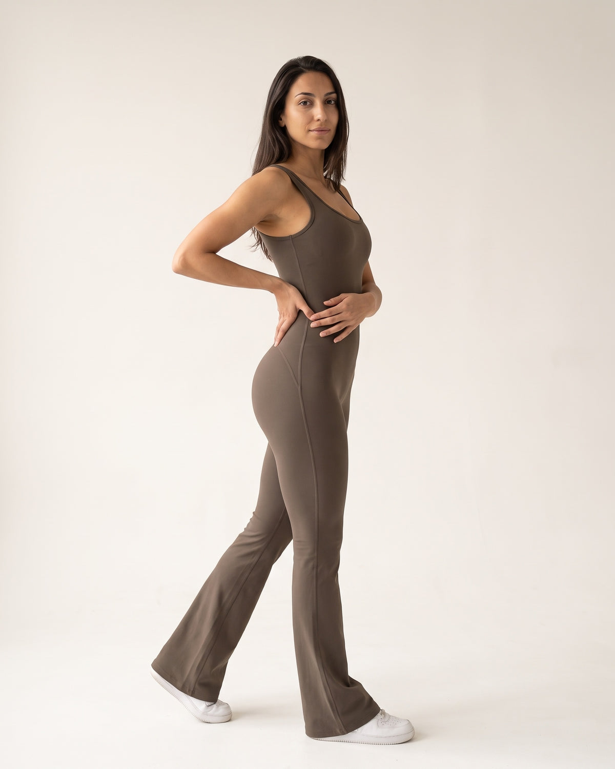 Backless Flare Jumpsuit - Tan - Three-Quarter Front