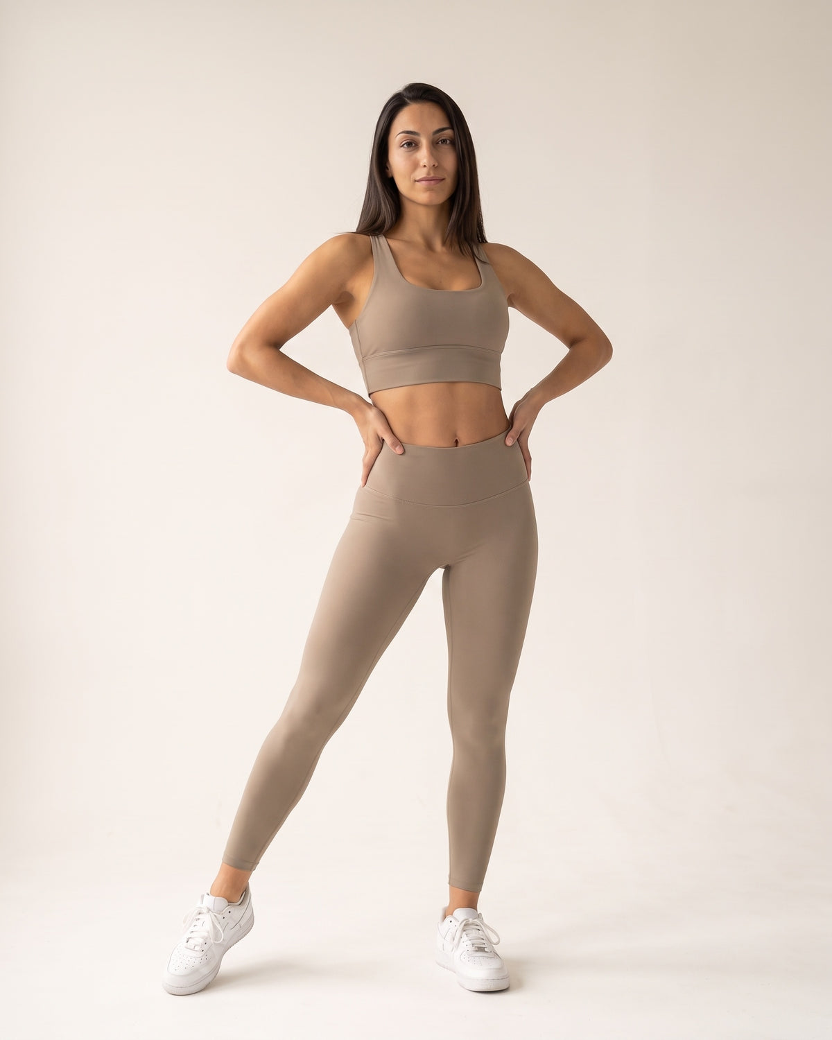 Backless Yoga Set - Light Brown - Three-Quarter Front