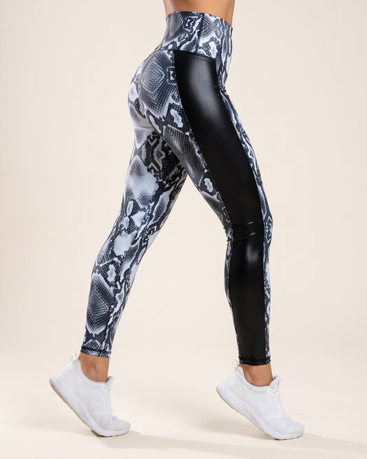 Blue Snake Print Leggings - Black - Side Profile