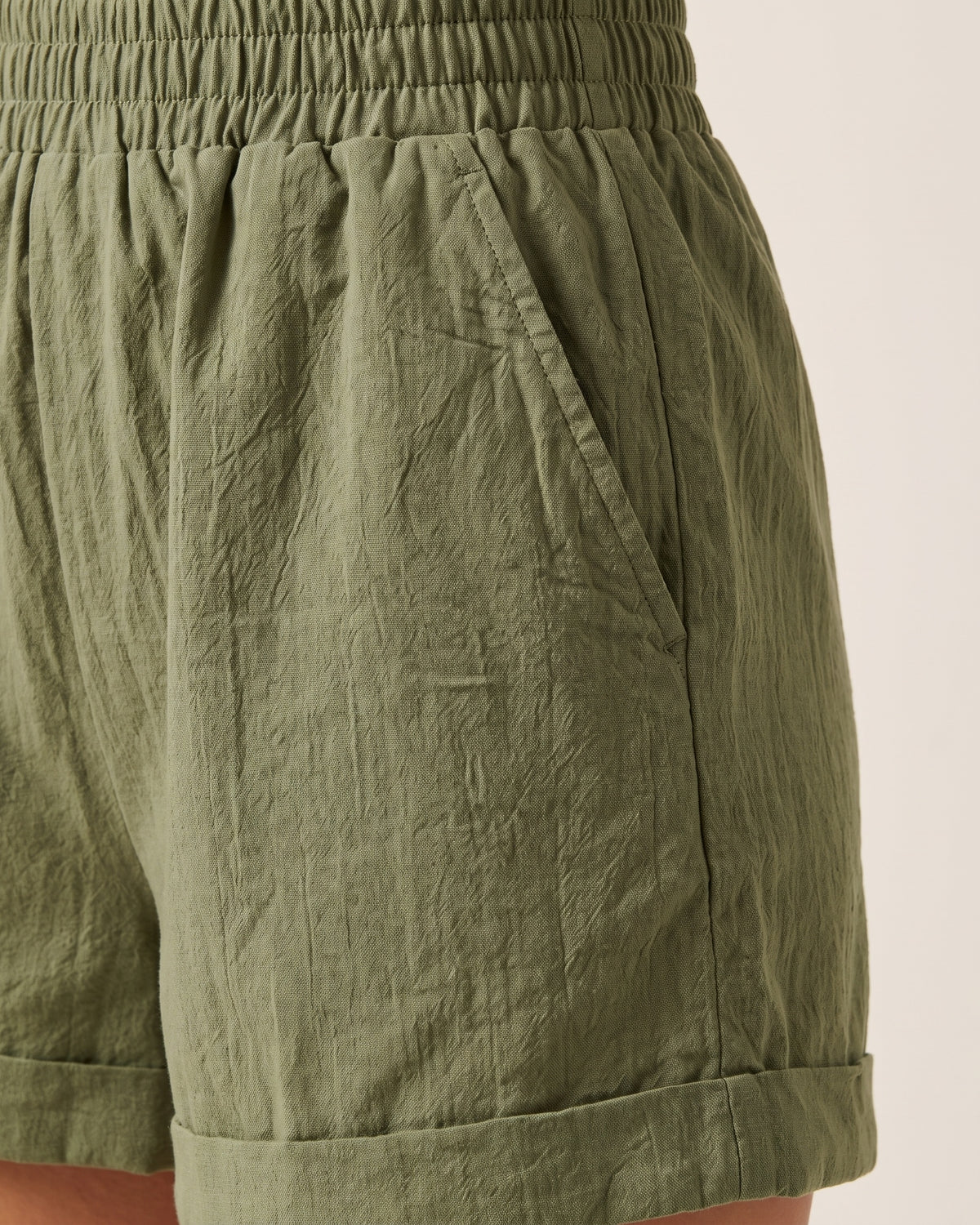 Cotton Casual Shorts - Army Green - Hip Fabric Close-Up