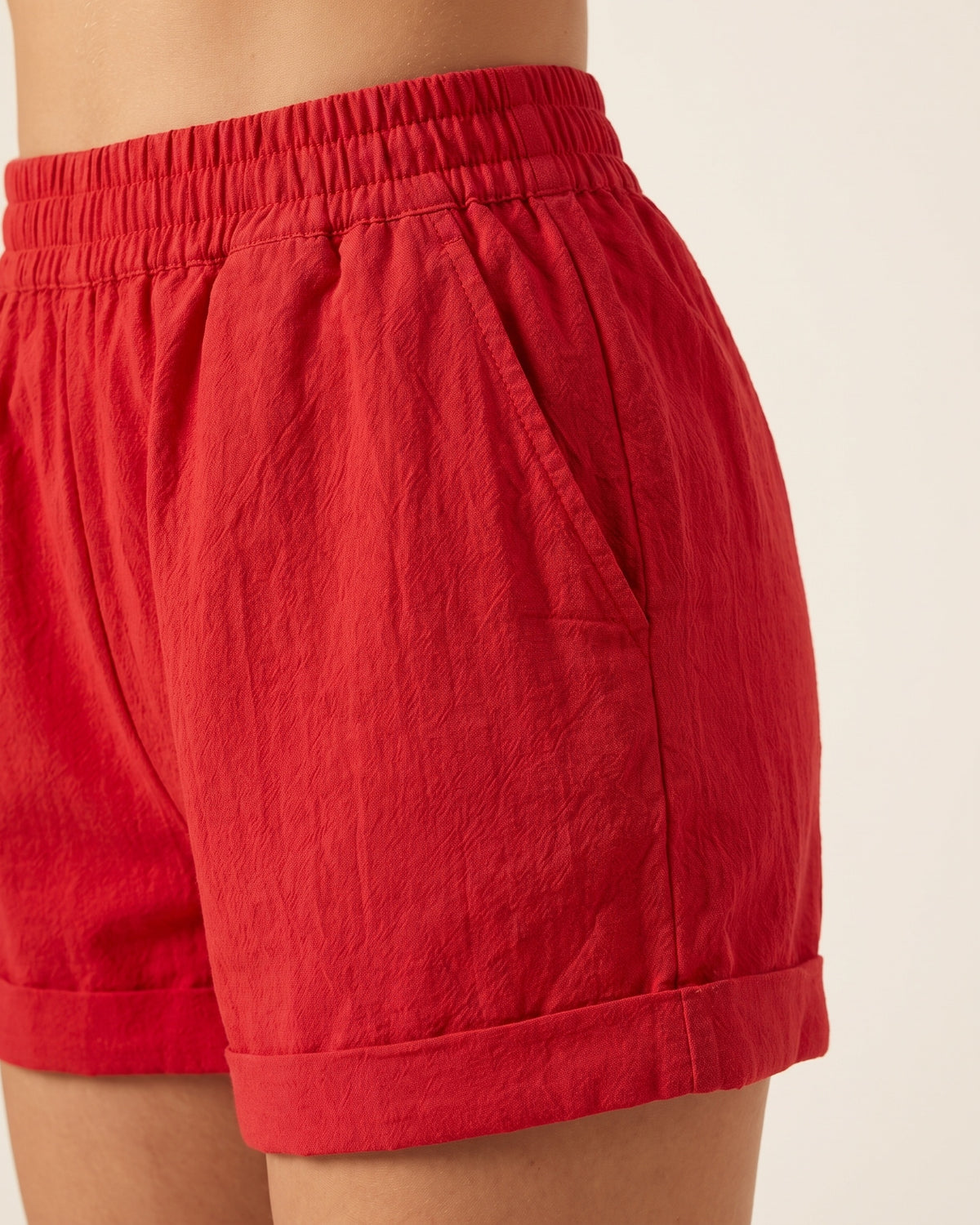 Cotton Casual Shorts - Red - Hip Fabric Close-Up