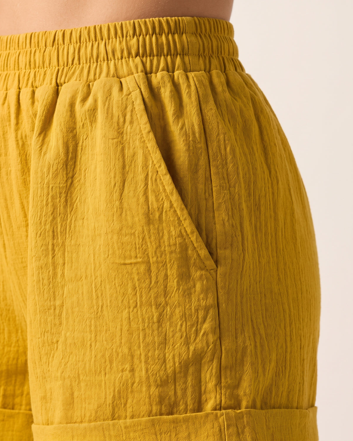 Cotton Casual Shorts - Yellow - Hip Fabric Close-Up