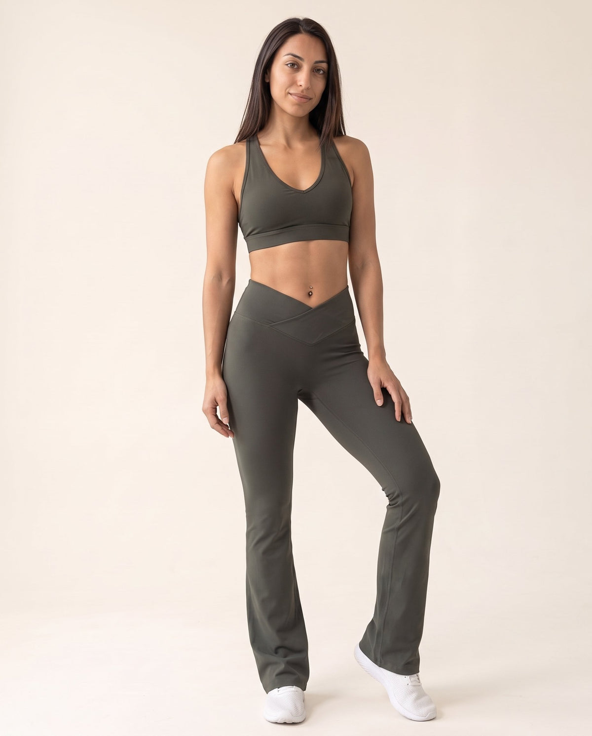 Crossover Flare Leggings - Army Green - Front