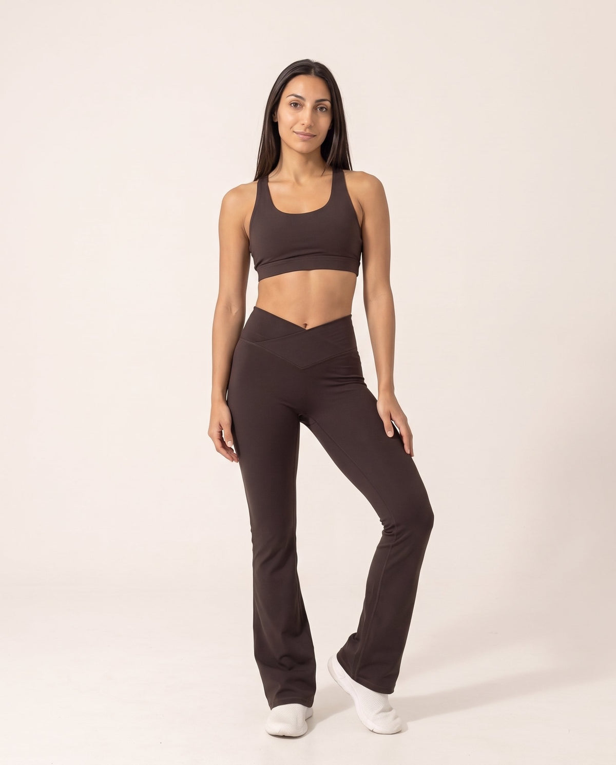 Crossover Flare Leggings - Chocolate Brown - Front