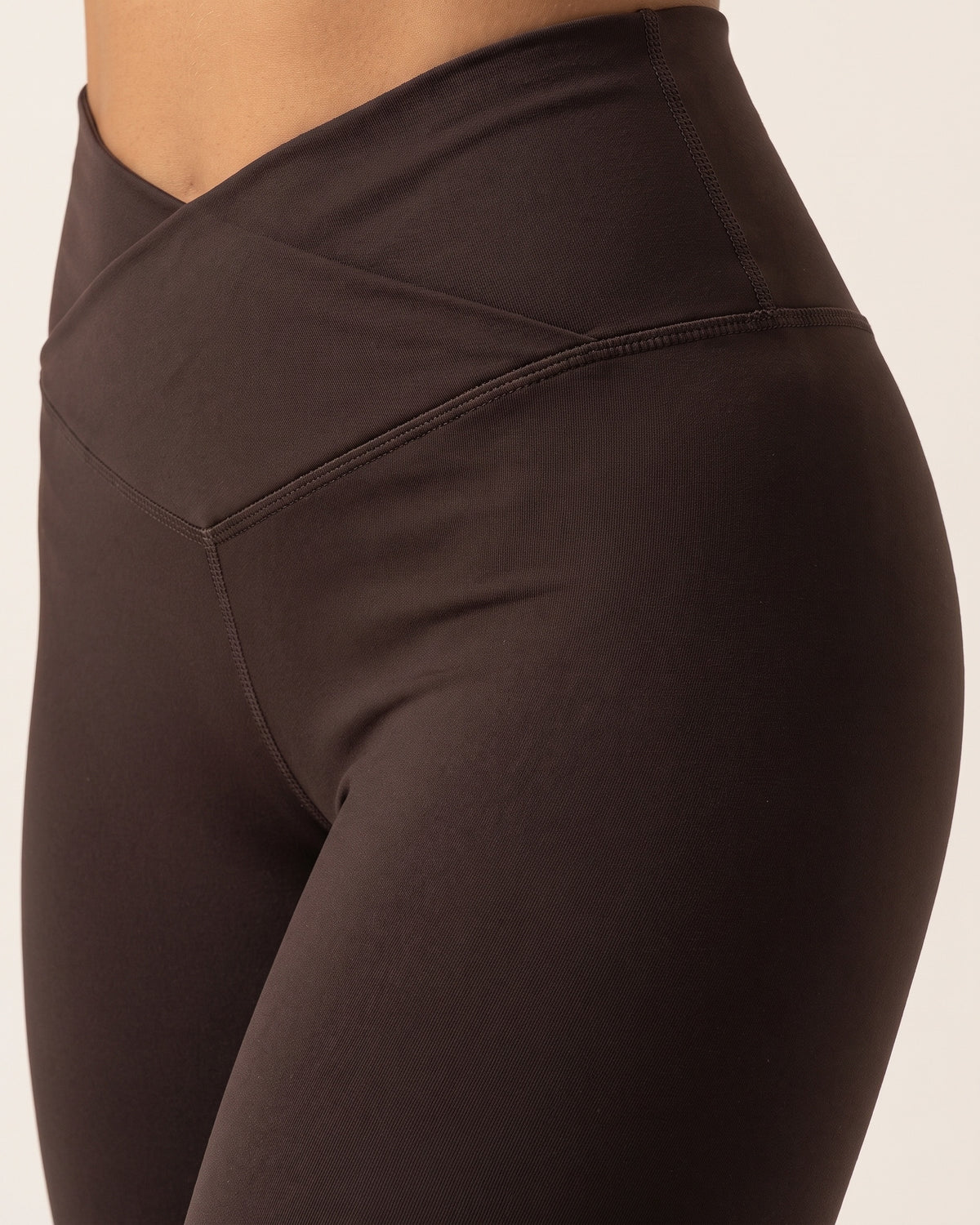 Crossover Flare Leggings - Chocolate Brown - Hip Fabric Close-Up