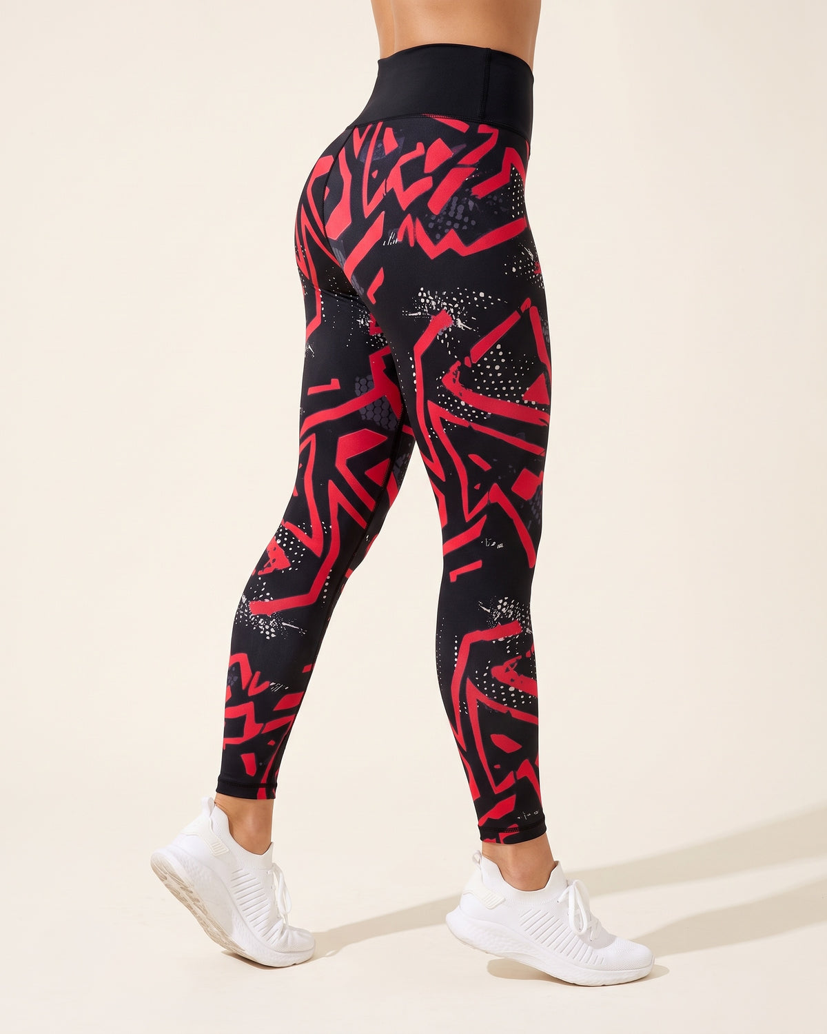 Festive Print Leggings - Black Red Lines - Side Profile