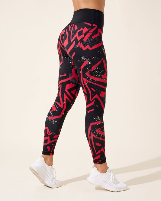Festive Print Leggings - Black Red Lines - Side Profile