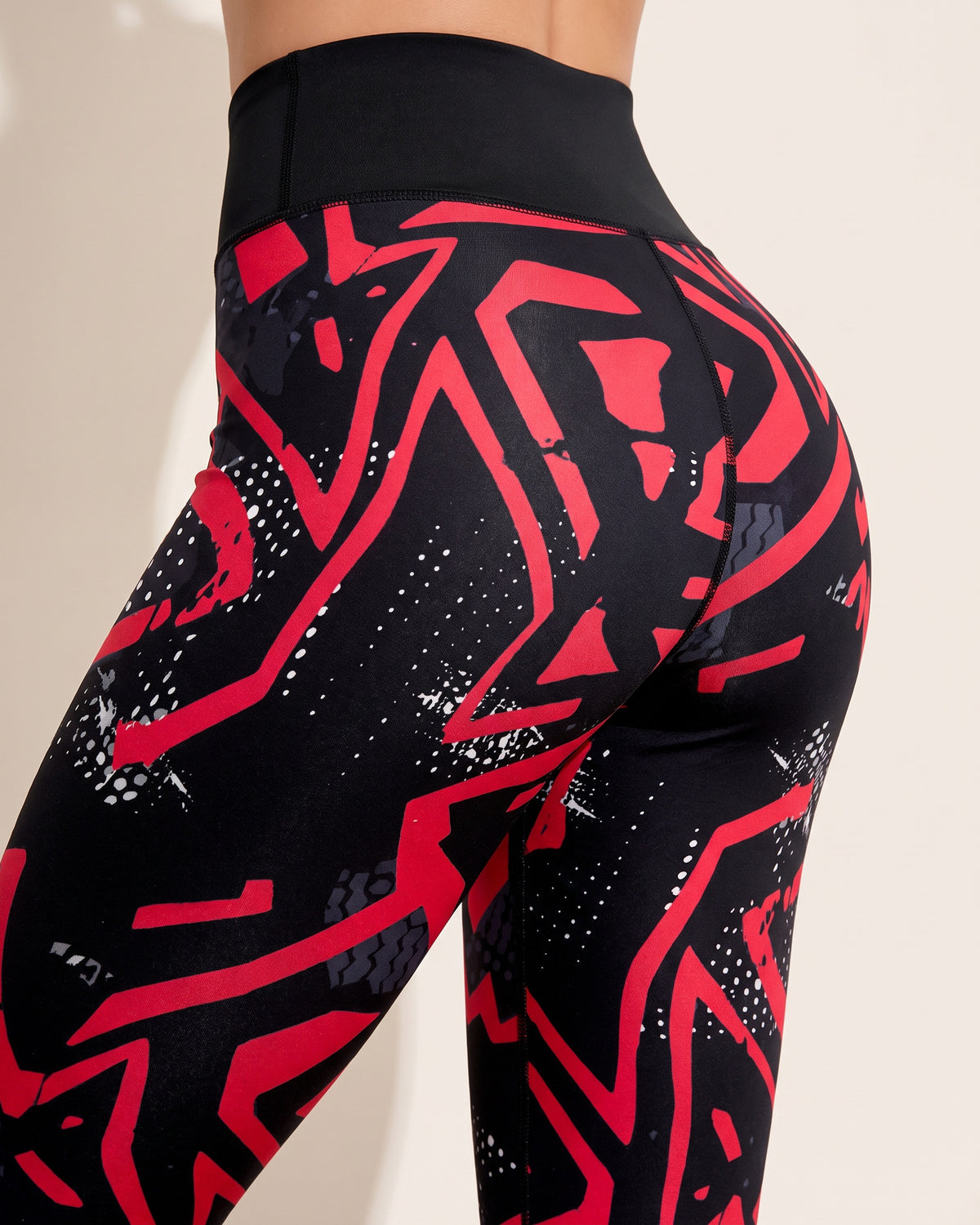 Festive Print Leggings - Black Red Lines - Glute Close-Up