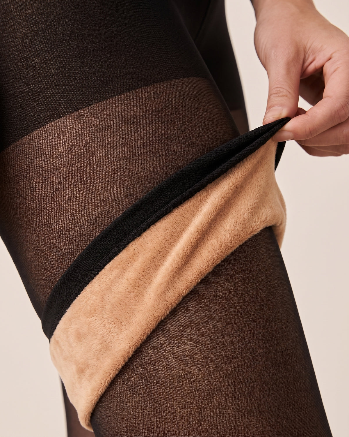 Fleece-Lined Tights - Black Sheer Stirrup - Hip Fabric Close-Up