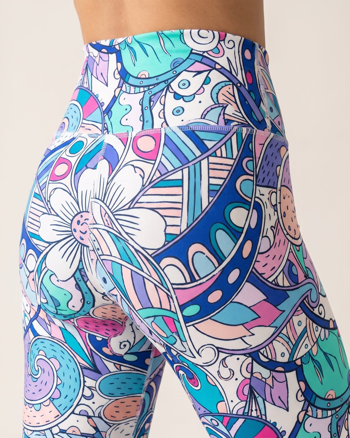 Floral Leggings - Large Blue Flower - Glute Close-Up
