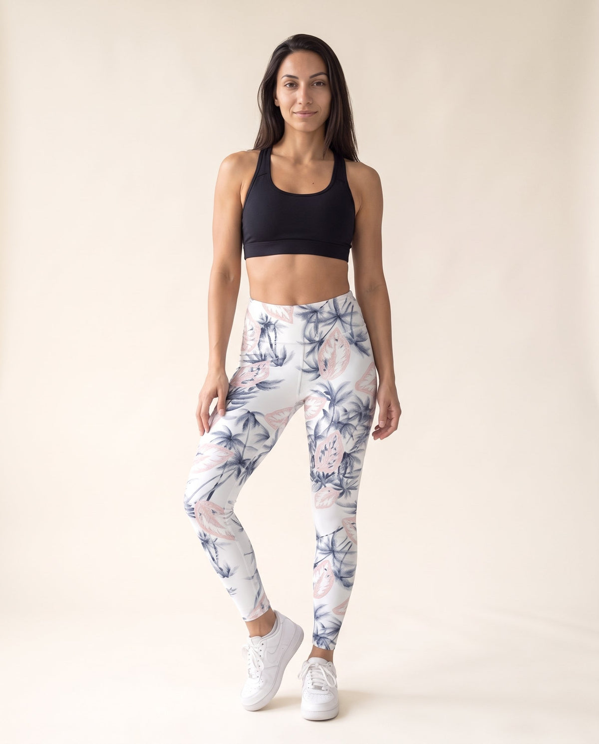 Floral Leggings - White Palm Tree - Front