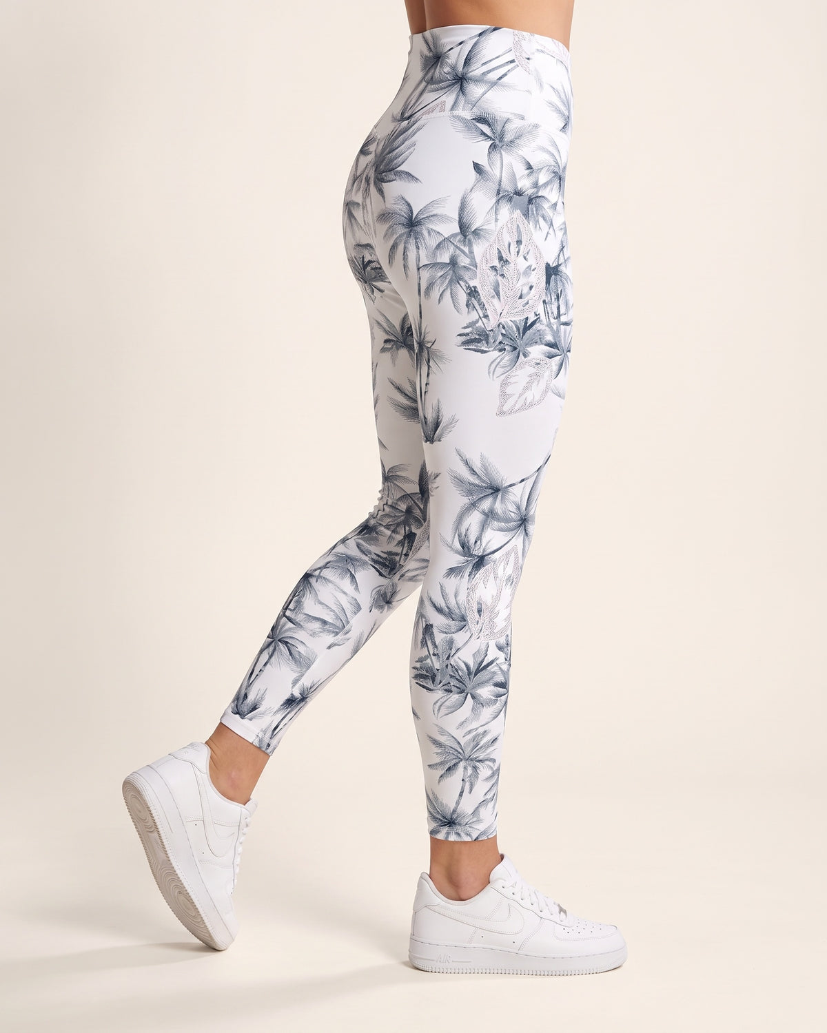 Floral Leggings - White Palm Tree - Side Profile