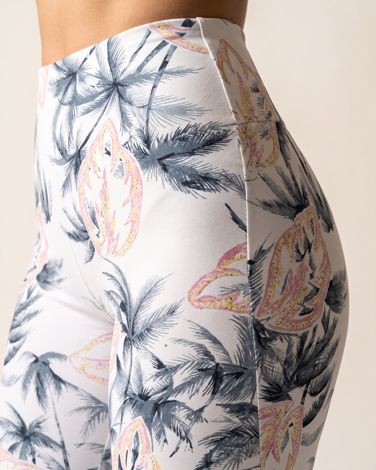 Floral Leggings - White Palm Tree - Hip Fabric Close-Up