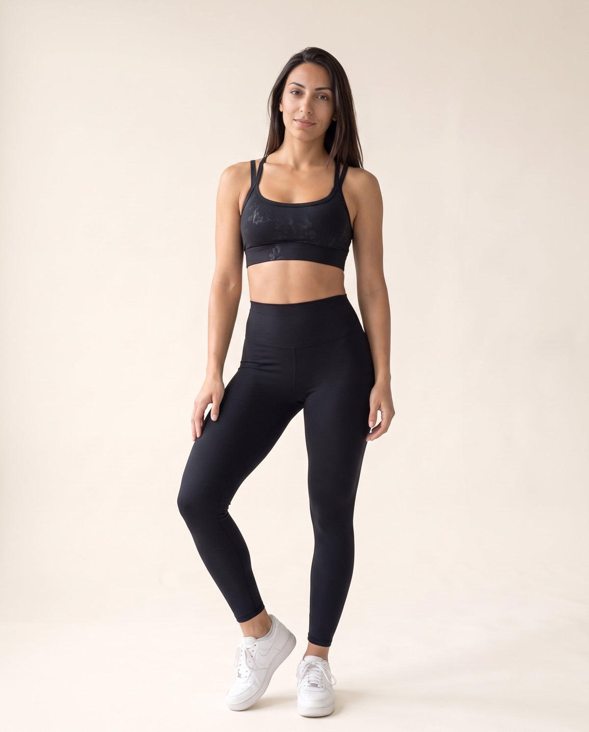 Foil Print Sports Bra - Black - Front