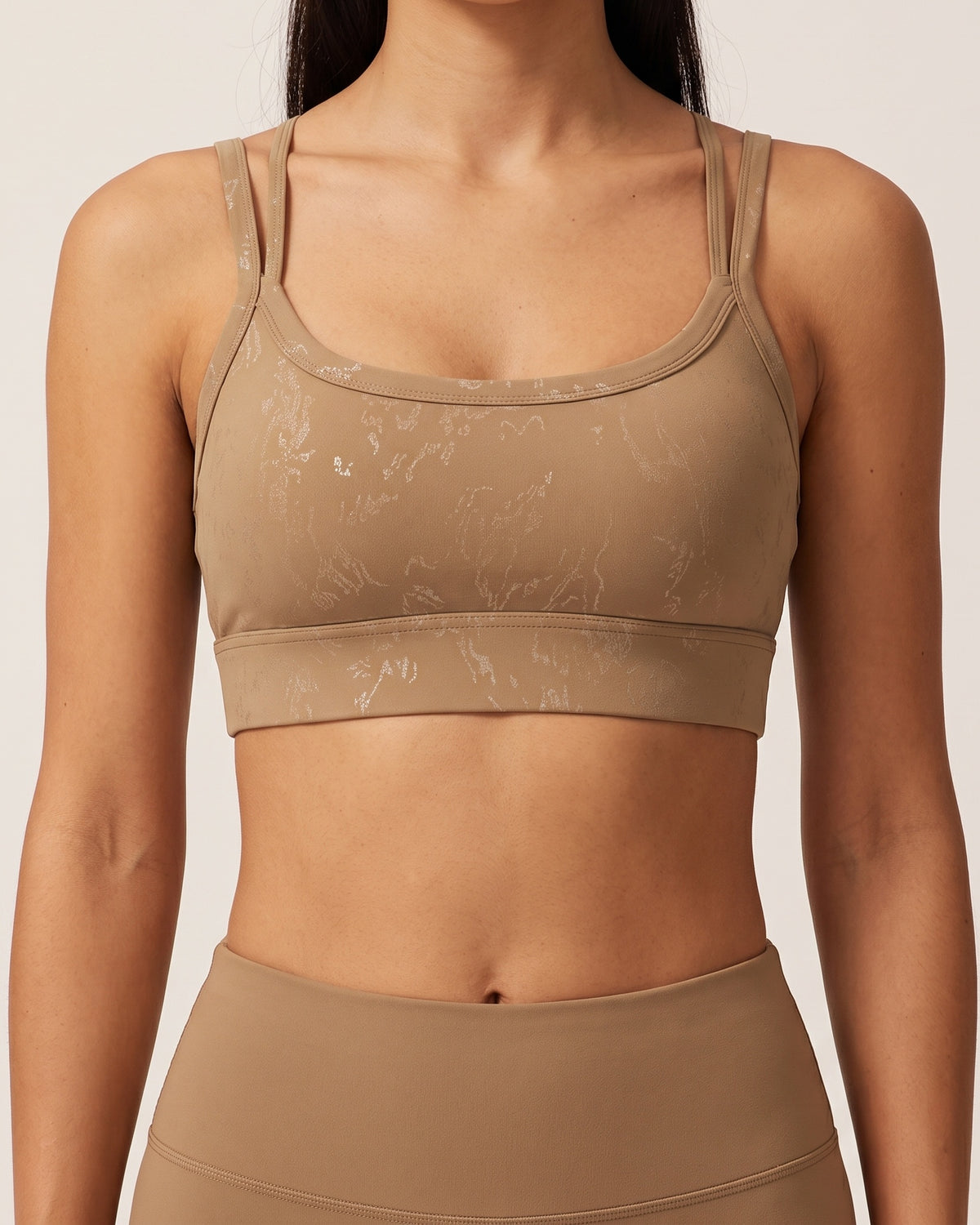 Foil Print Sports Bra - Caramel Mocha - Front Torso