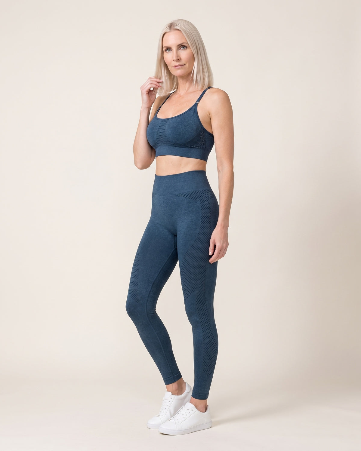 High Waisted Leggings Set - Teal Blue - Three-Quarter Front