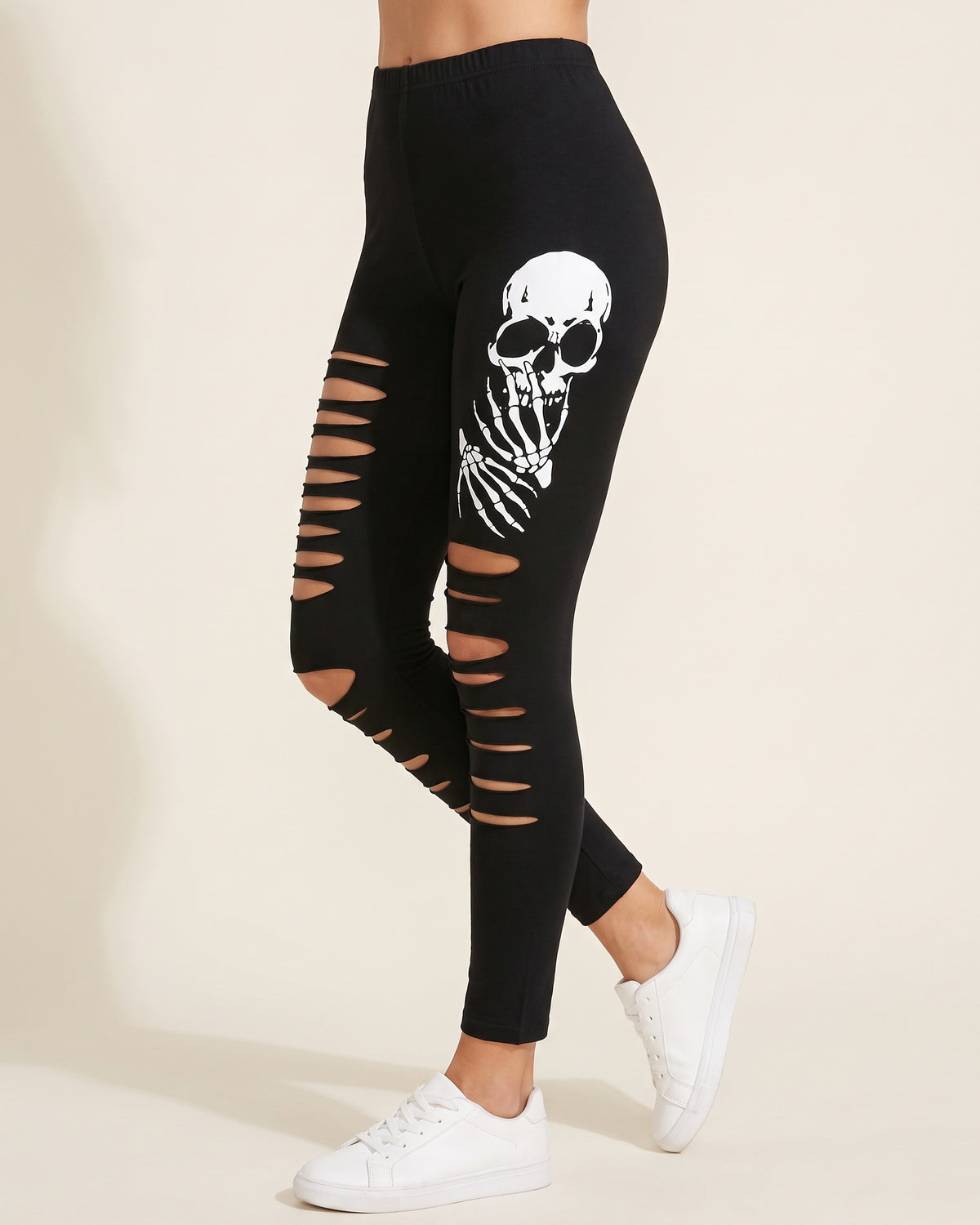 Ripped Skull Leggings - Black - Side Profile