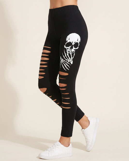 Ripped Skull Leggings - Black - Side Profile