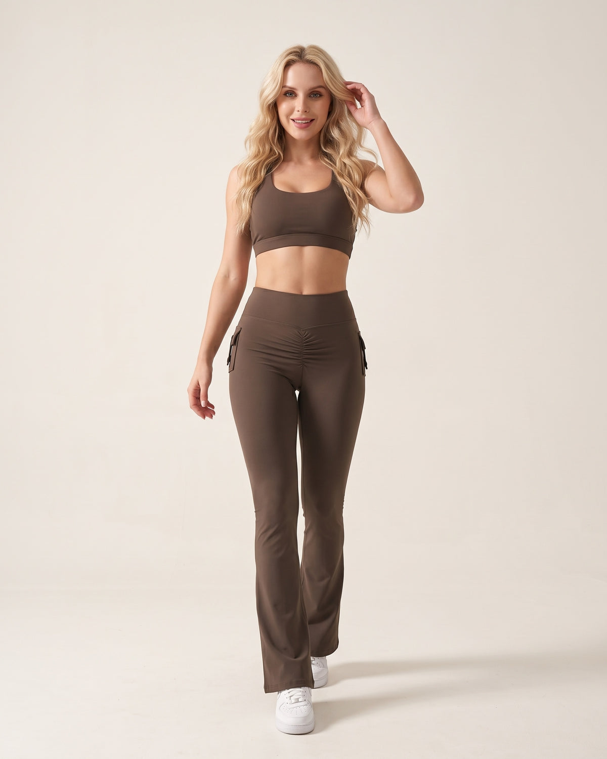 Scrunch Flare Leggings - Brown - Front