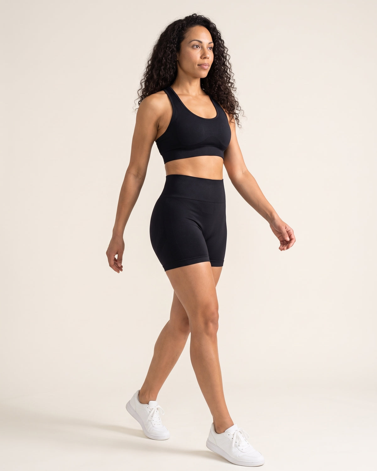 Seamless Bra & Shorts Set - Black - Three-Quarter Front