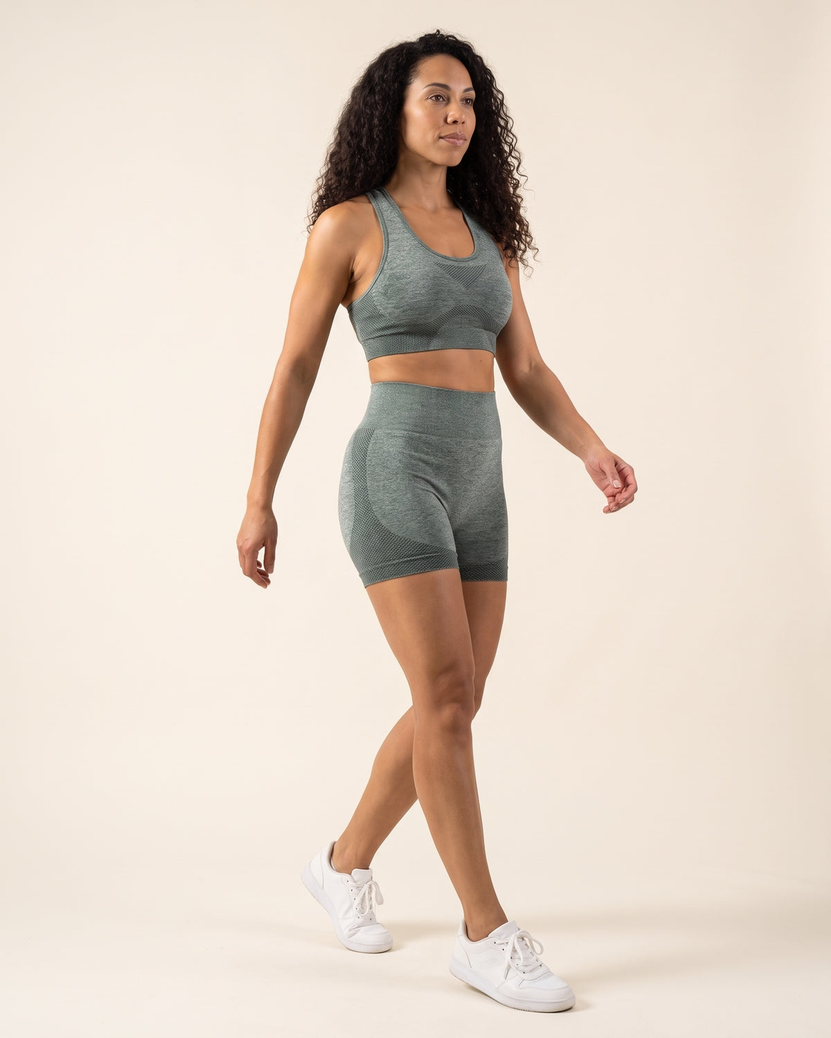 Seamless Bra & Shorts Set - Green - Three-Quarter Front