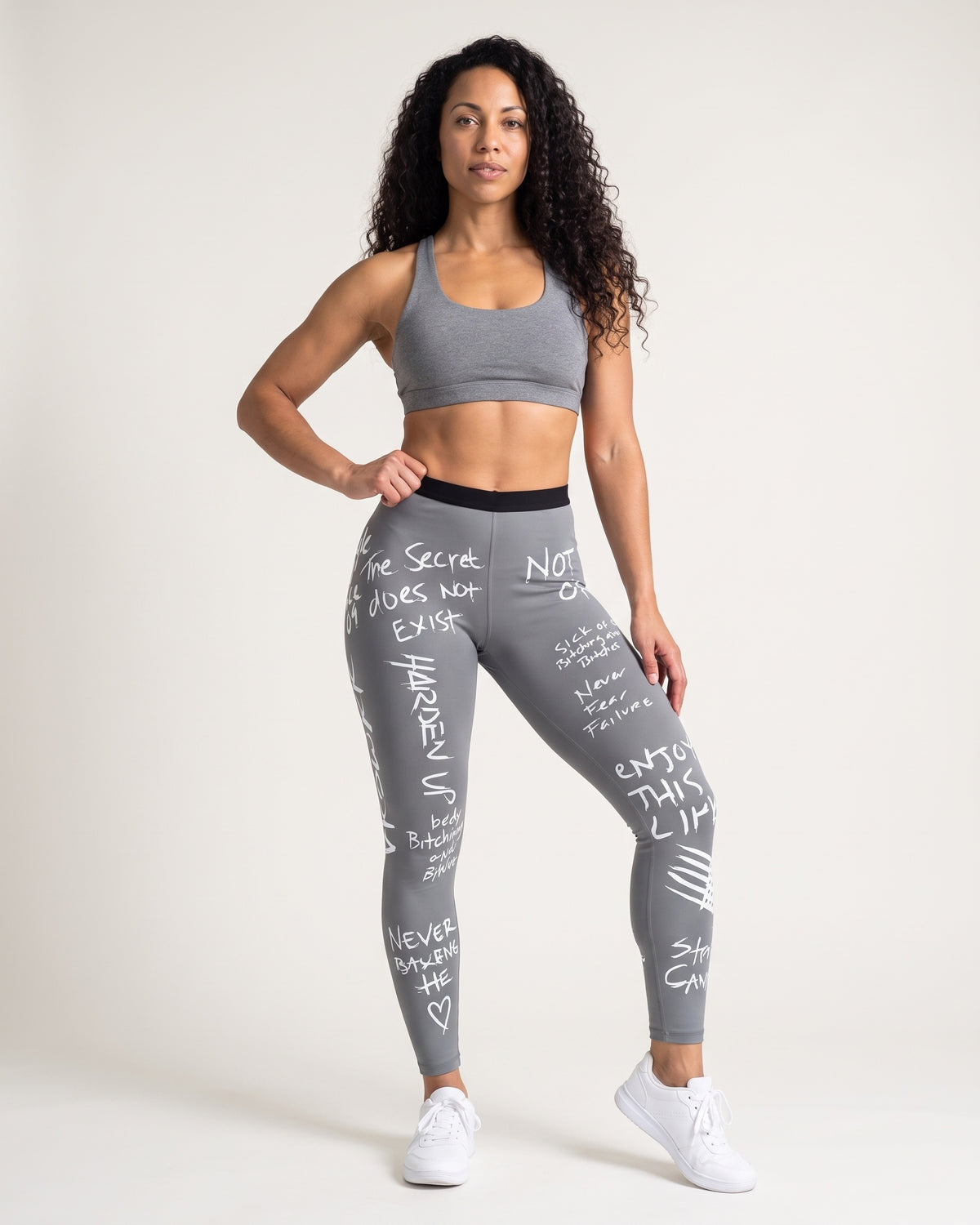 Slogan Cropped Leggings - Grey - Front