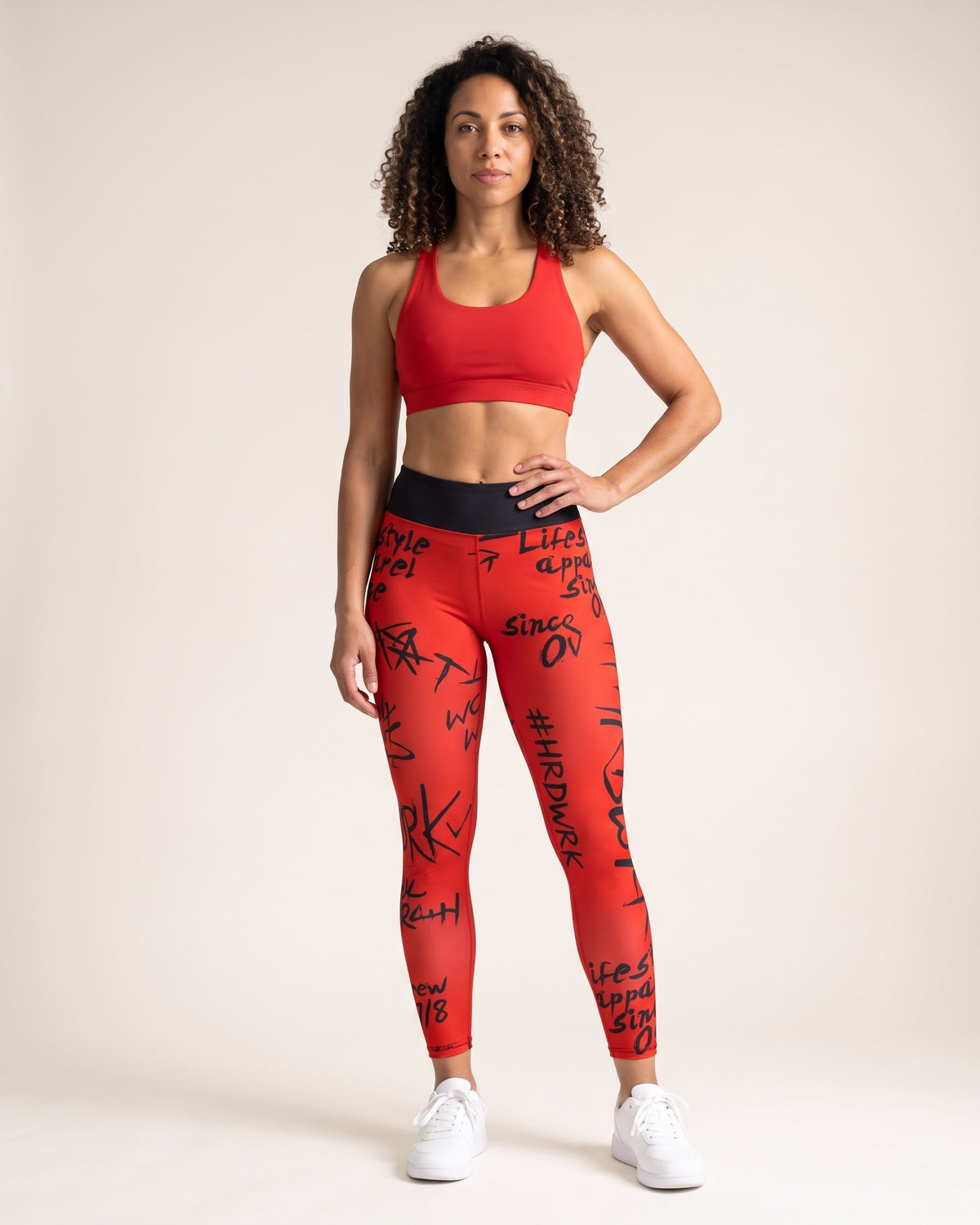 Slogan Cropped Leggings - Red - Front