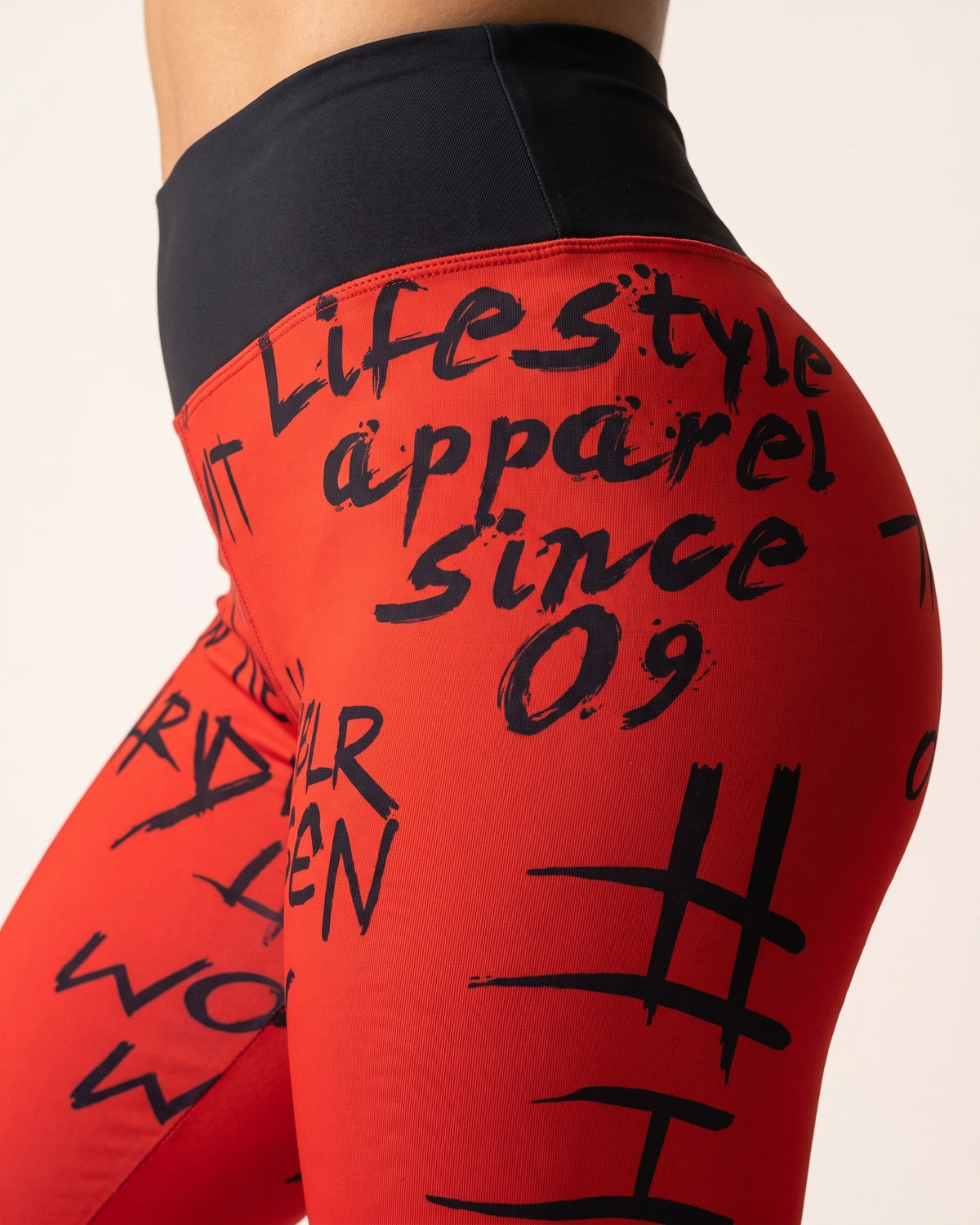Slogan Cropped Leggings - Red - Hip Fabric Close-Up