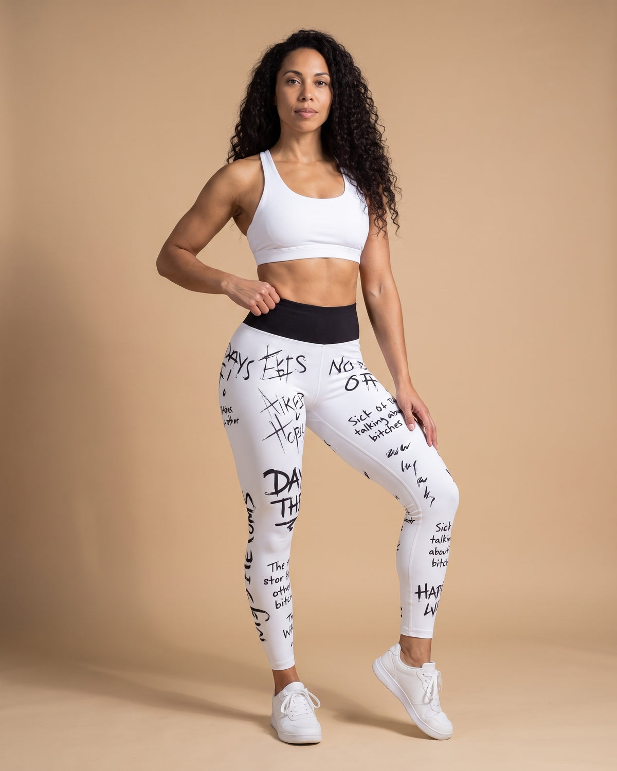 Slogan Cropped Leggings - White - Front