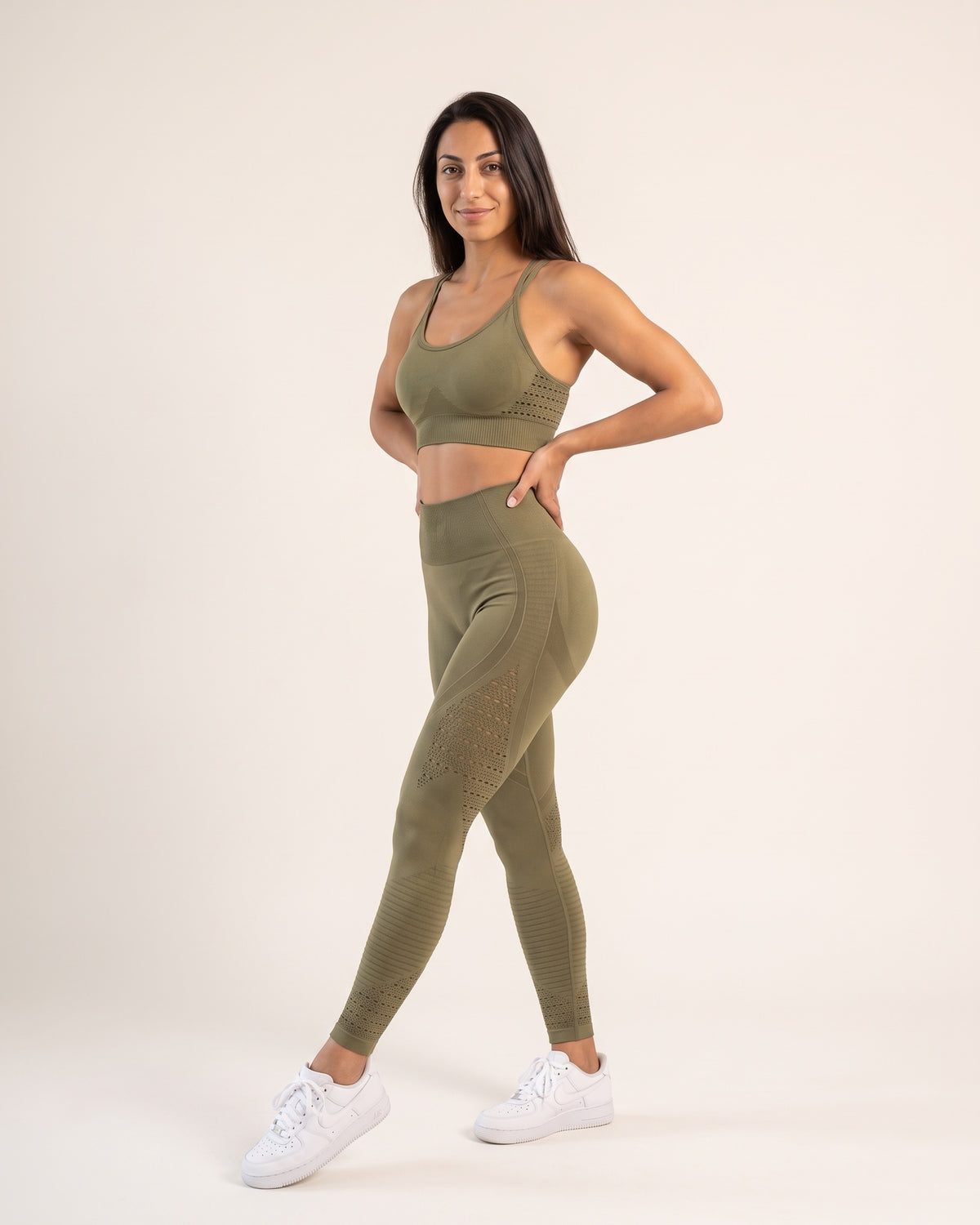 Strappy Yoga Set - Olive Green - Three-Quarter Front